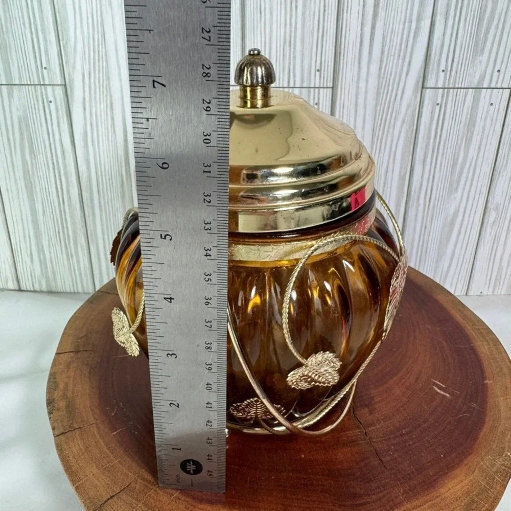 Vintage‎ Amber Glass Musical Biscuit Jar Swan Lake Japan Gold Grape Filigree